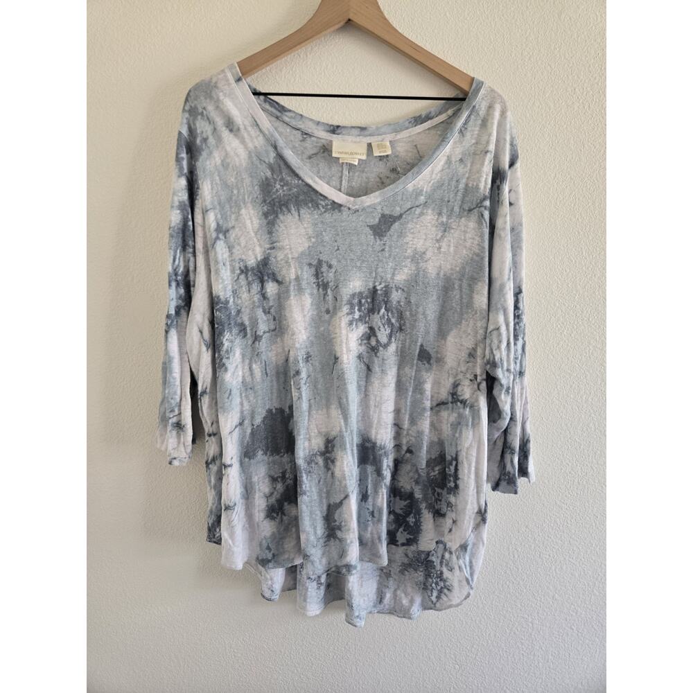 Cynthia Rowley Linen Top 2X White Teal Tie Dye 100% Coastal Beachy Resort Boho